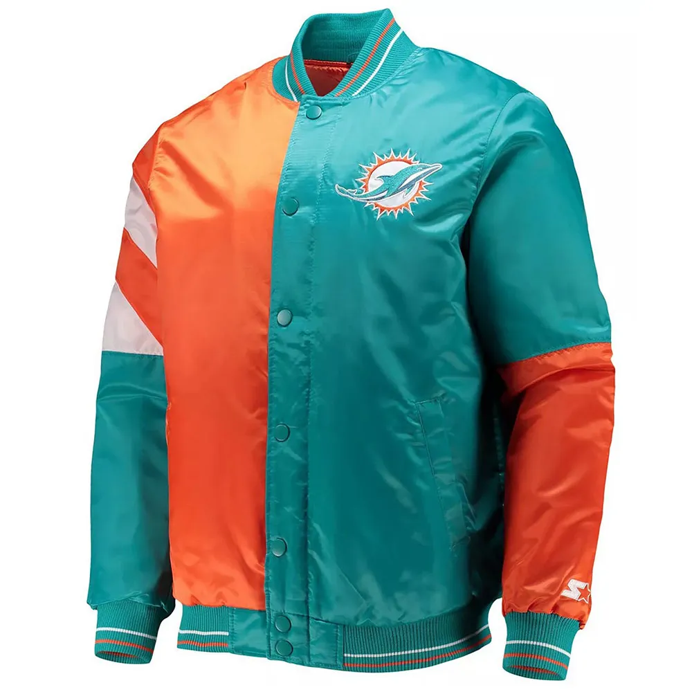 Miami Dolphins Leader Aqua and Orange Varsity Satin Jacket Miami Dolphins Leader Aqua and Orange Varsity Satin Jacket