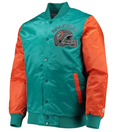 Miami Dolphins Locker Room Throwback Varsity Satin Aqua-Orange Jacket