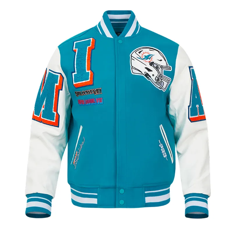 Miami Dolphins Mashup Rib Varsity Wool-Leather Jacket Miami Dolphins Mashup Rib Varsity Wool-Leather Jacket