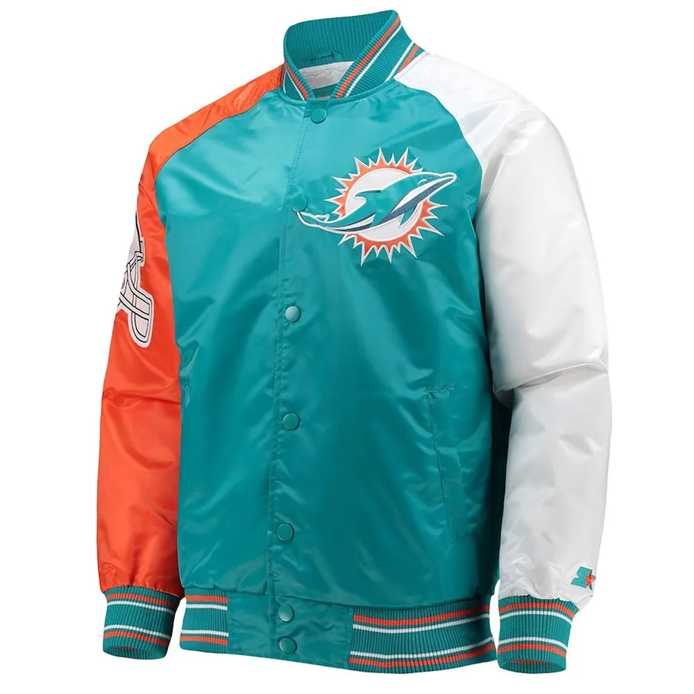 Miami Dolphins The Reliever Aqua Varsity Satin Jacket Miami Dolphins The Reliever Aqua Varsity Satin Jacket