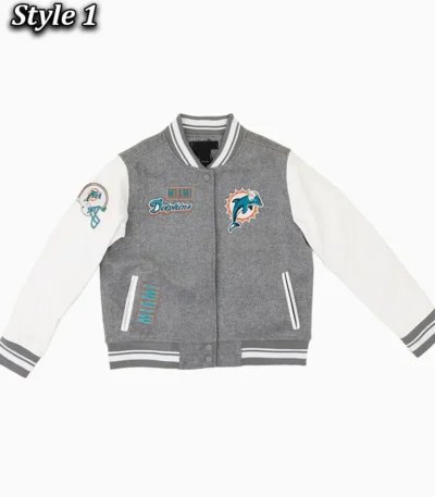 Miami Dolphins Varsity Heather Grey and White Jacket
