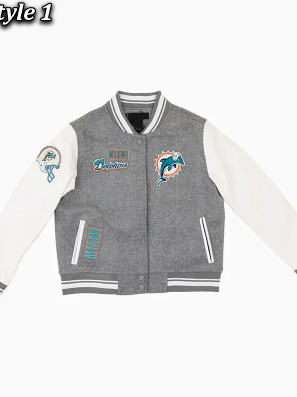 Miami Dolphins Varsity Heather Grey and White Jacket