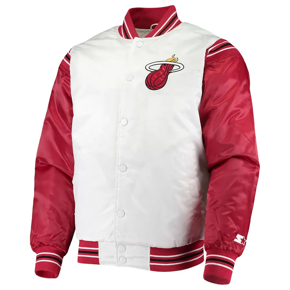 Miami Heat Renegade White/Red Varsity Satin Jacket Miami Heat Renegade White/Red Varsity Satin Jacket