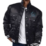 Miami Marlins Black Silver Tab Satin Trucker Jacket