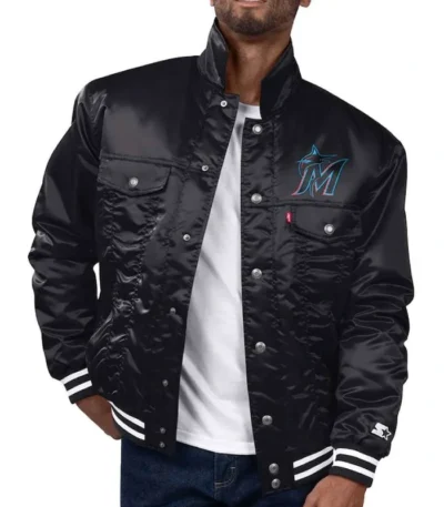 Miami Marlins Black Silver Tab Satin Trucker Jacket