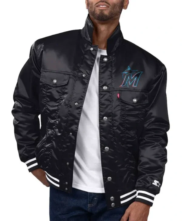 Miami Marlins Black Silver Tab Satin Trucker Jacket
