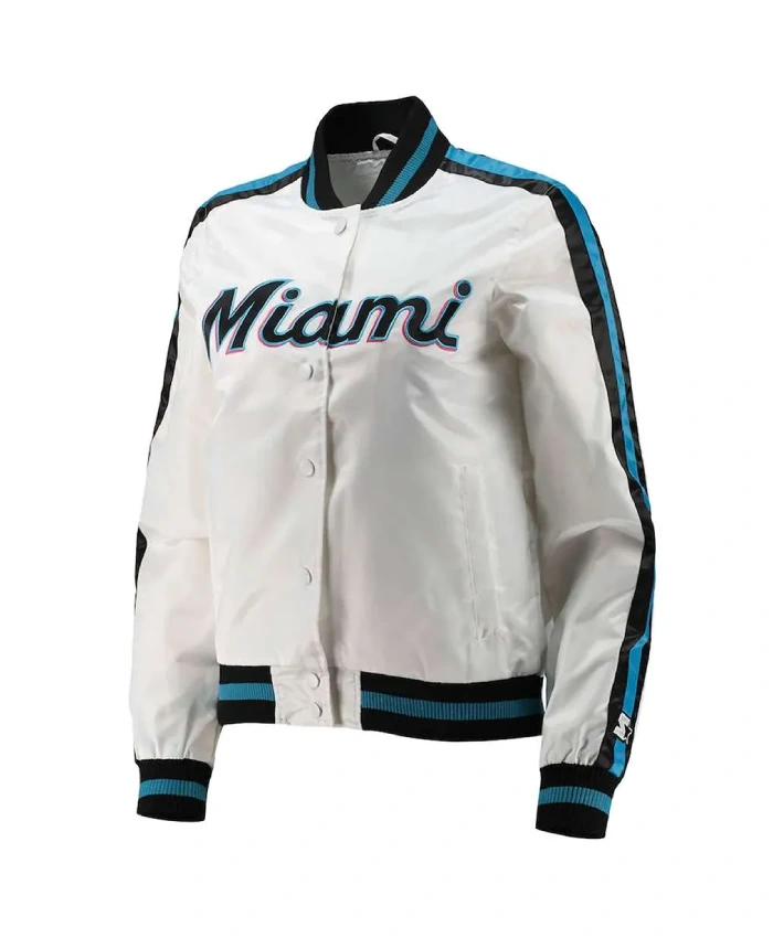 Miami Marlins Hometown White Varsity Satin Jacket Miami Marlins Hometown White Varsity Satin Jacket