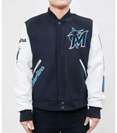Miami Marlins White and Navy Letterman Jacket