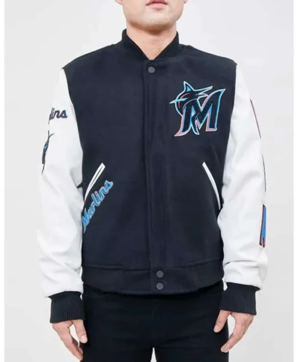 Miami Marlins White and Navy Letterman Jacket