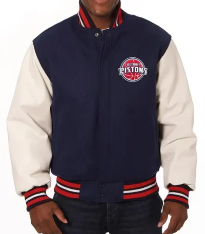 Navy And White Detroit Pistons Varsity Jacket