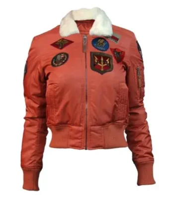 Nichole Top Gun B-15 Orange Cropped Sherpa Bomber Flight Jacket