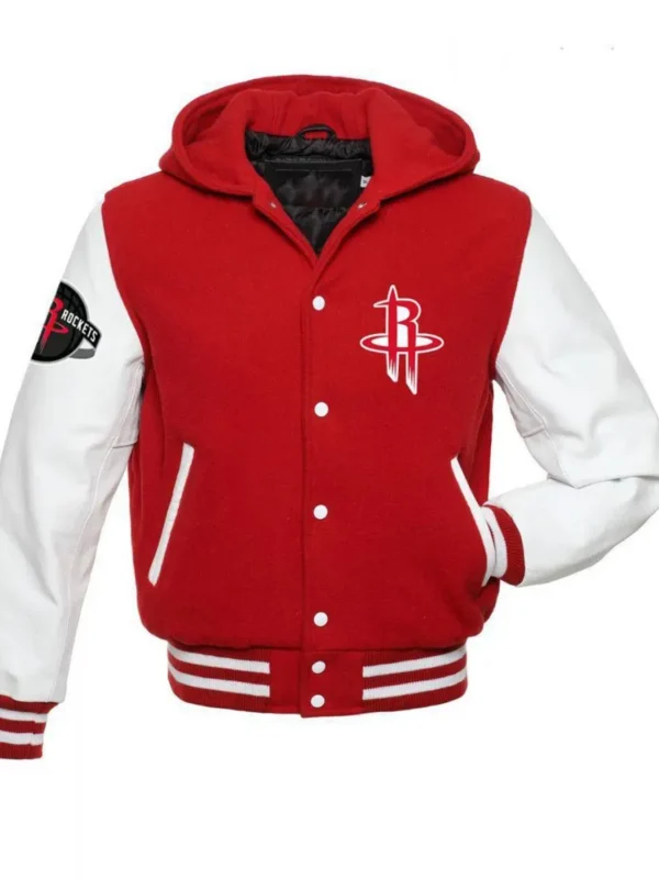 Rockets NBA Varsity Red and White Hooded Jacket