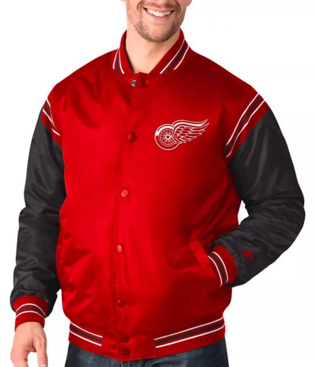 Starter Detroit Red Wings Satin Red and Black Varsity Jacket Starter Detroit Red Wings Satin Red and Black Varsity Jacket