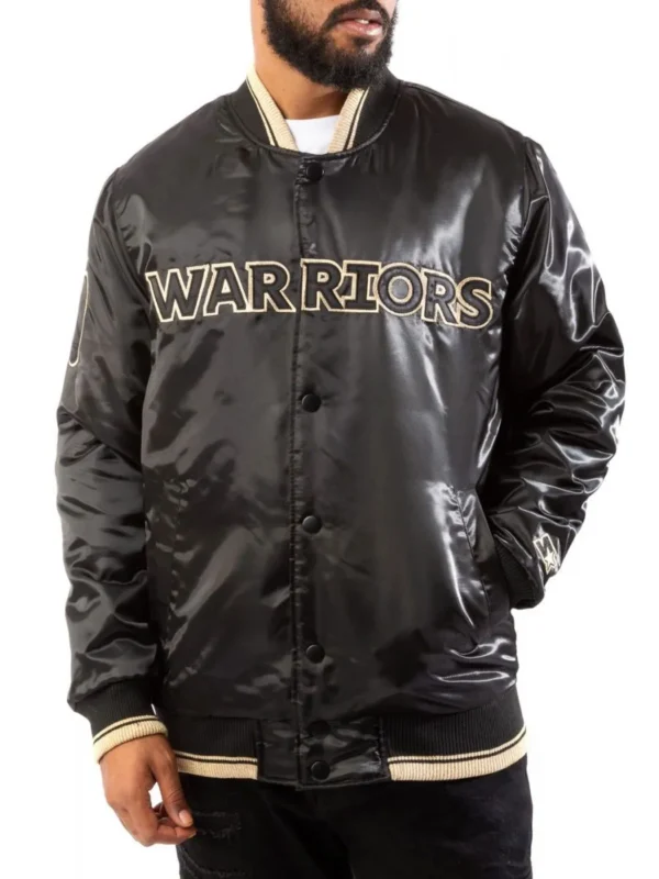 Starter Golden State Warriors Black-Gold Satin Bomber Jacket