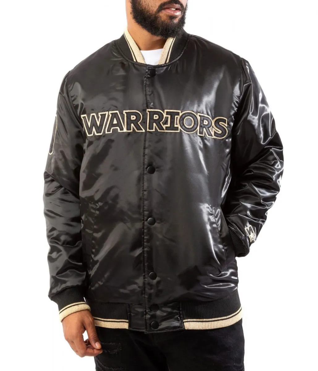 Starter Golden State Warriors Black-Gold Satin Bomber Jacket Starter Golden State Warriors Black-Gold Satin Bomber Jacket