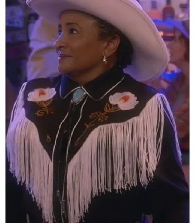 The Upshaws Lucretia Turner Black Floral Fringe Shirt