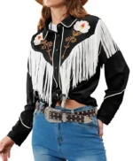 The Upshaws Lucretia Turner Black Floral Fringe Shirt