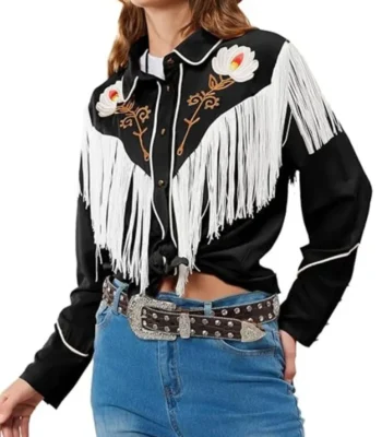 The Upshaws Lucretia Turner Black Floral Fringe Shirt