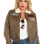 Top Gun Green Patches Cropped Bomber Satin Sherpa Jacket