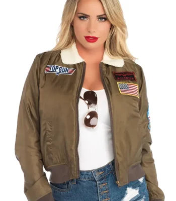 Top Gun Green Patches Cropped Bomber Satin Sherpa Jacket