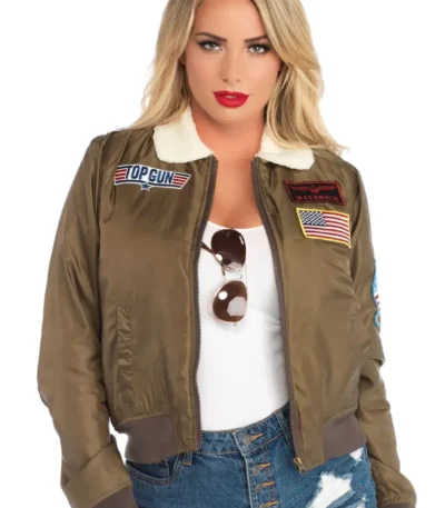 Top Gun Green Patches Cropped Bomber Satin Sherpa Jacket