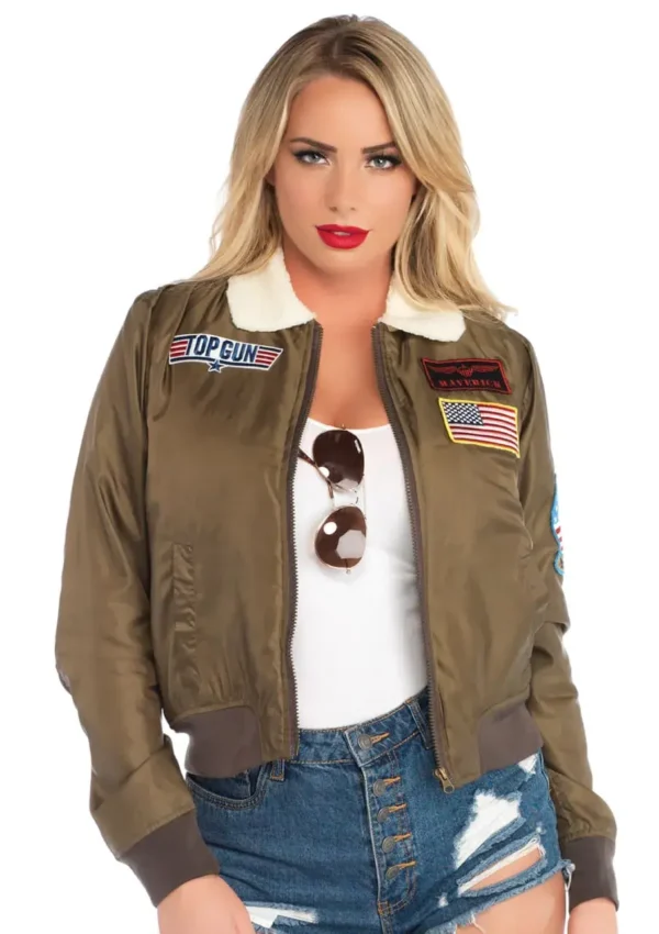 Top Gun Green Patches Cropped Bomber Satin Sherpa Jacket