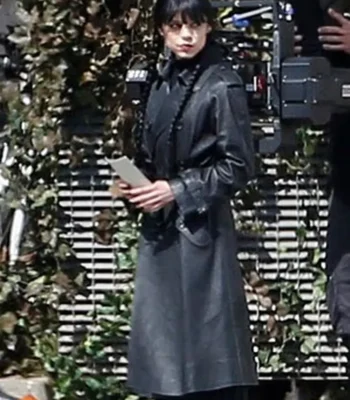 Wednesday S03 Jenna Ortega Black Leather Coat
