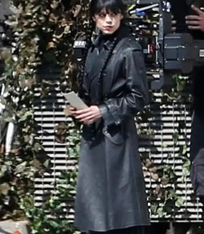 Wednesday S03 Jenna Ortega Black Leather Coat