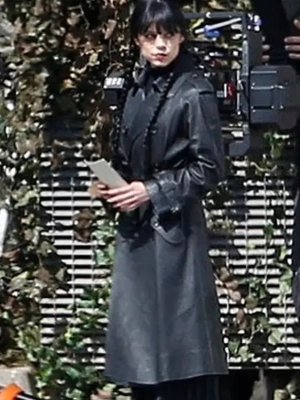 Wednesday S03 Jenna Ortega Black Leather Coat