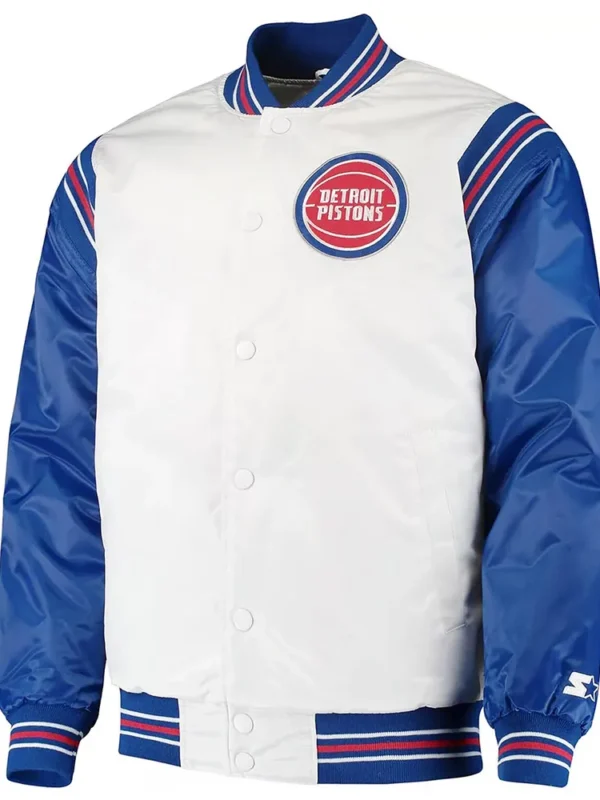 White/Blue Detroit Pistons Renegade Varsity Satin Jacket
