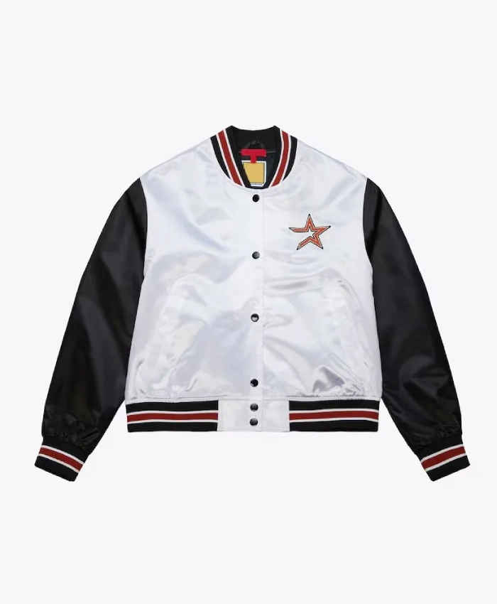 Women’s Houston Astros Cropped White and Black Satin Jacket Women’s Houston Astros Cropped White and Black Satin Jacket
