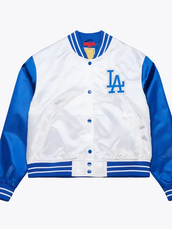 Women’s LA Dodgers Cropped White and Blue Satin Jacket