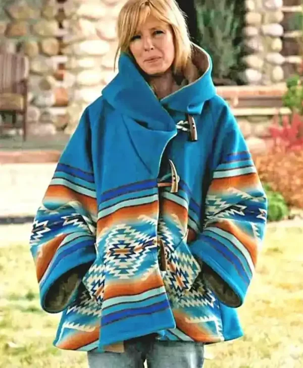 Womens Yellowstone Beth Dutton Turquoise Blue Hooded Wool Coat