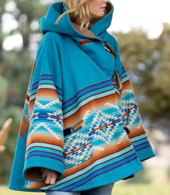 Womens Yellowstone Beth Dutton Turquoise Blue Hooded Wool Coat