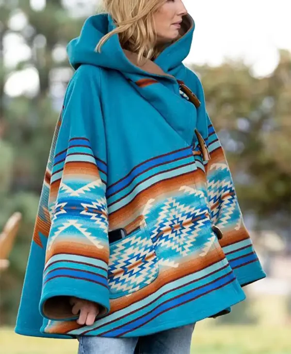 Womens Yellowstone Beth Dutton Turquoise Blue Hooded Wool Coat