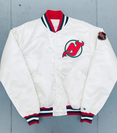 1980s New Jersey Devils White Bomber Jacket