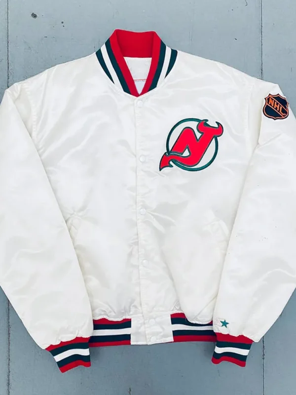 1980s New Jersey Devils White Bomber Jacket