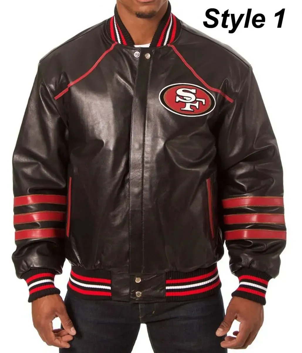 49ers San Francisco SF Varsity Striped Leather Jacket 49ers San Francisco SF Varsity Striped Leather Jacket
