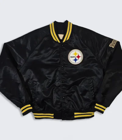 80s Pittsburgh Steelers Bomber Black Satin Jacket