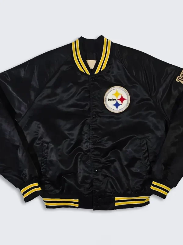 80s Pittsburgh Steelers Bomber Black Satin Jacket