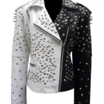 Black And White Studded Leather Jacket With Asymmetric Zipper