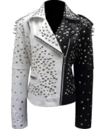 Black And White Studded Leather Jacket With Asymmetric Zipper