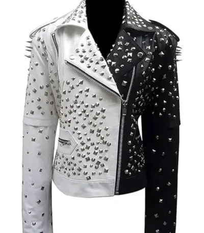 Black And White Studded Leather Jacket With Asymmetric Zipper