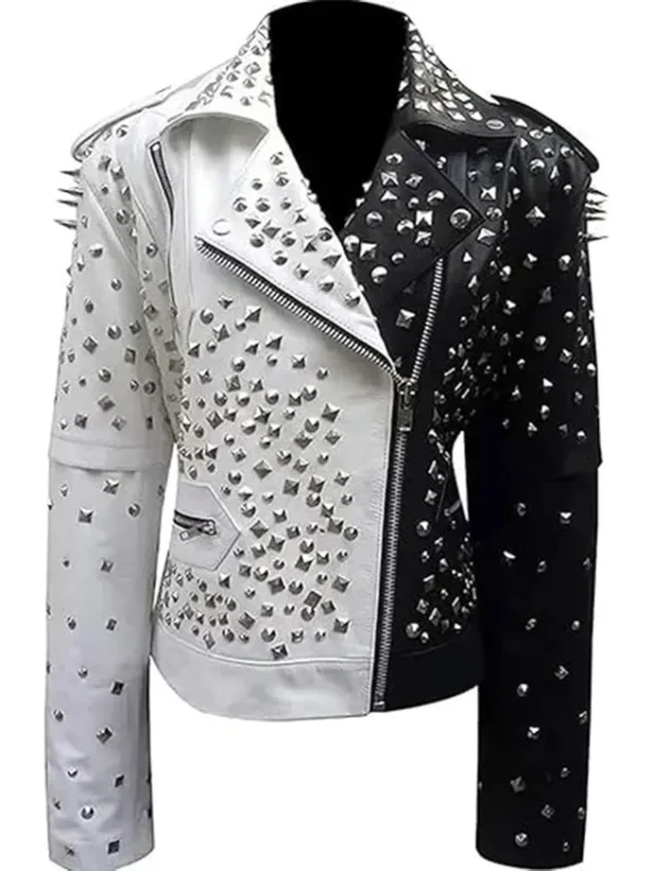 Black And White Studded Leather Jacket With Asymmetric Zipper