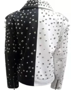 Black And White Studded Leather Jacket With Asymmetric Zipper