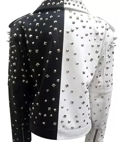 Black And White Studded Leather Jacket With Asymmetric Zipper