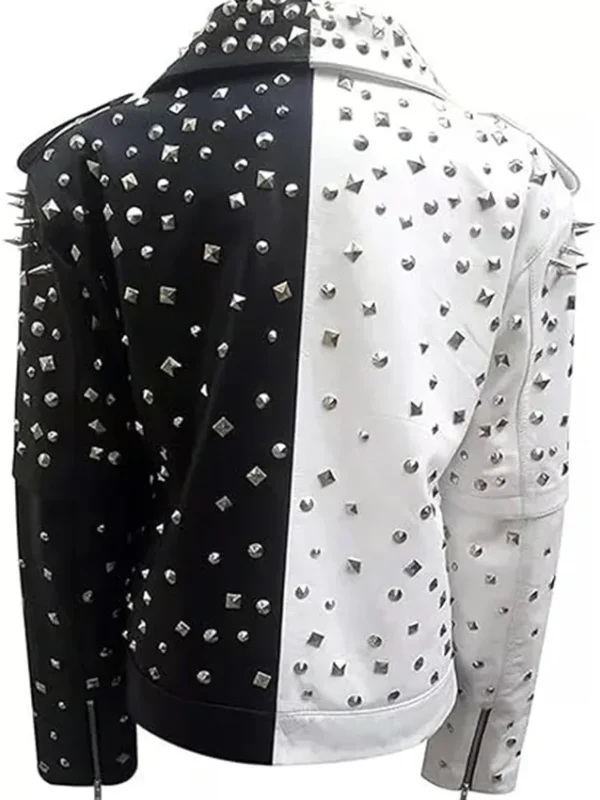 Black And White Studded Leather Jacket With Asymmetric Zipper