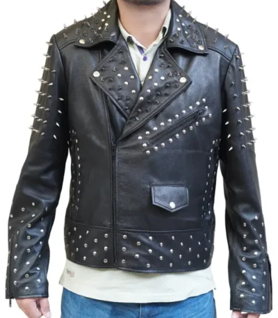 Black Punk Leather Jacket With Spikes Studs