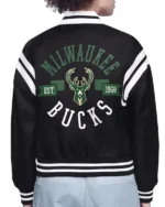 Milwaukee Bucks Printed Logo Black Varsity Satin Jacket