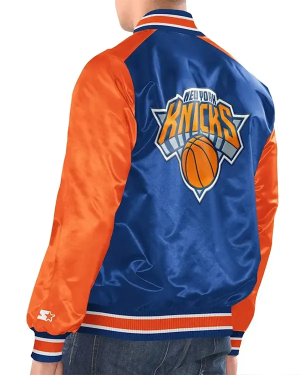 New York Knicks Blue And Orange Renegade Varsity Satin Jacket